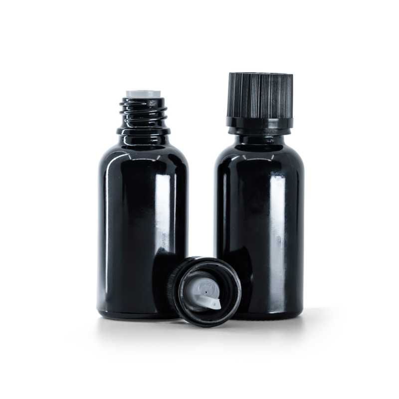 Flacon en verre noir brillant, bouchon de sécurité noir et compte-gouttes, 30 ml
