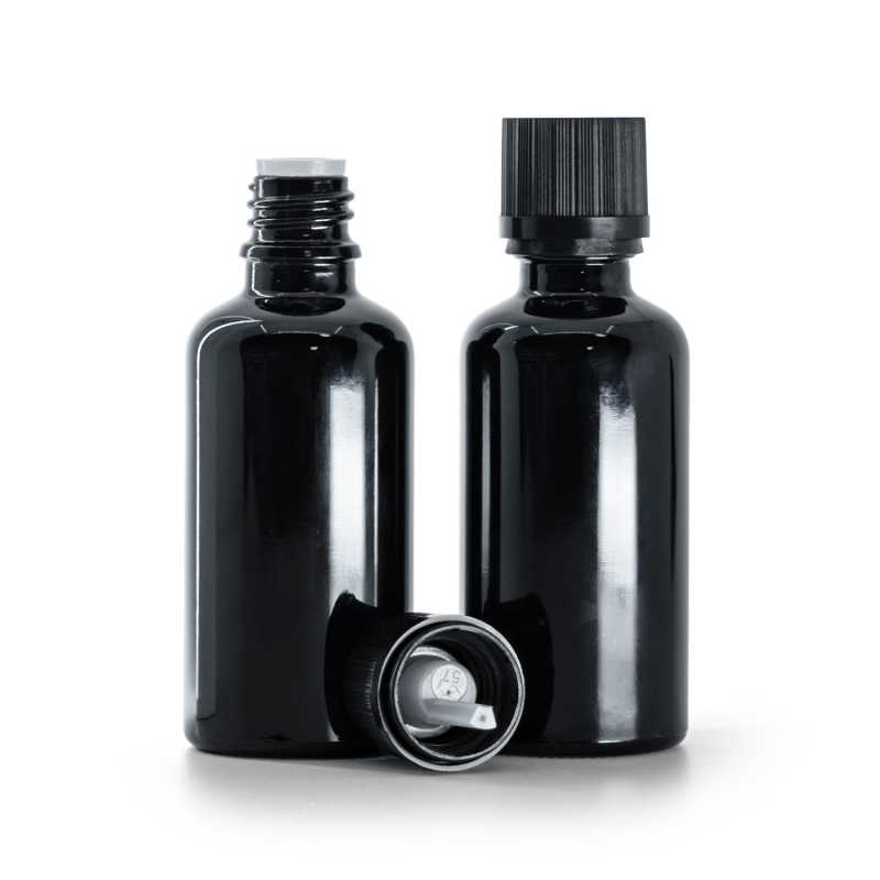 Flacon en verre noir brillant, bouchon de sécurité noir et compte-gouttes 50 ml