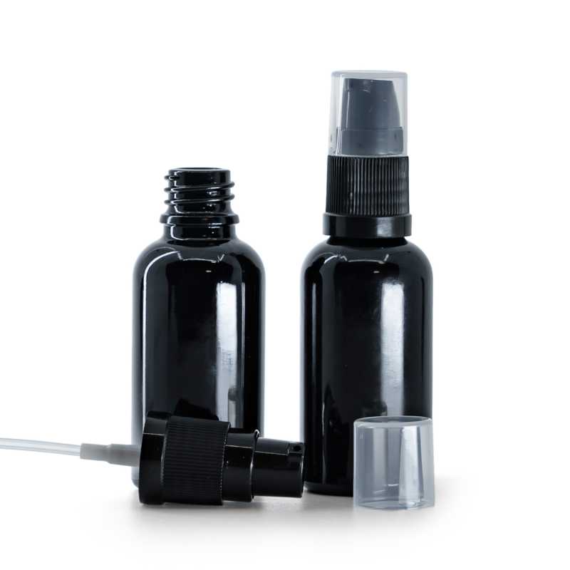 Flacon en verre noir brillant, pompe à lotion, 30 ml