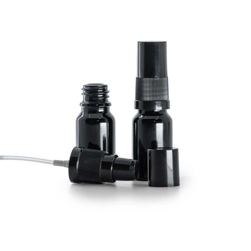 Flacon en verre noir brillant, pompe à lotion avec bouchon noir, 10 ml