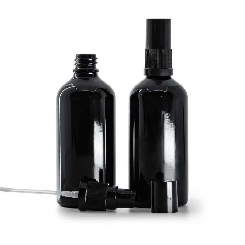 Flacon en verre noir brillant, pompe à lotion avec bouchon noir, 100 ml