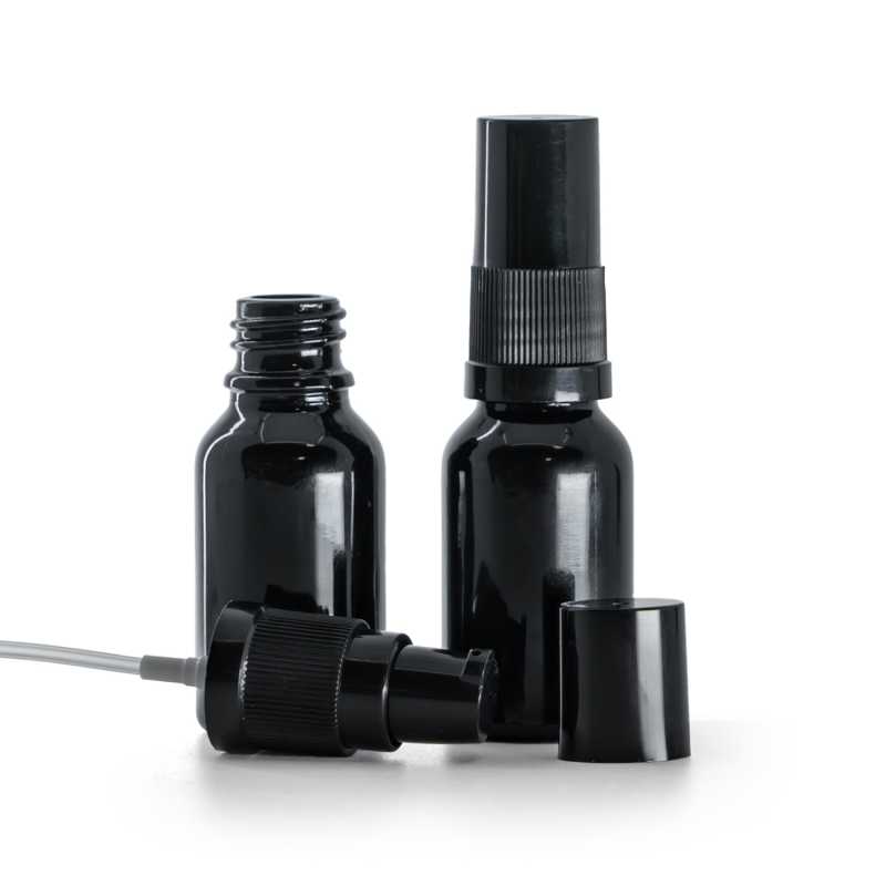 Flacon en verre noir brillant, pompe à lotion avec bouchon noir, 15 ml