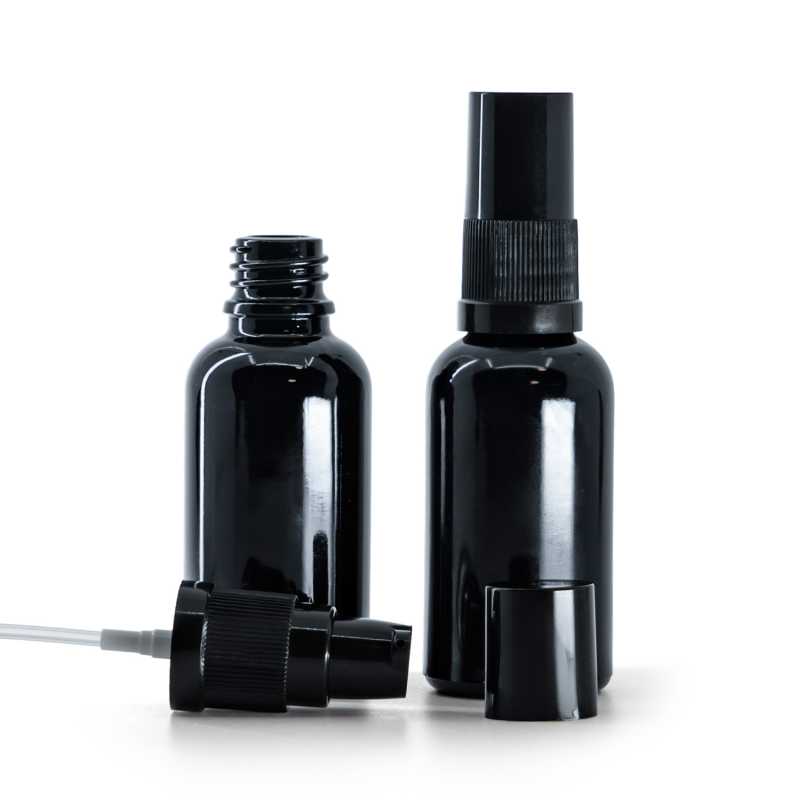 Flacon en verre noir brillant, pompe à lotion avec bouchon noir, 30 ml