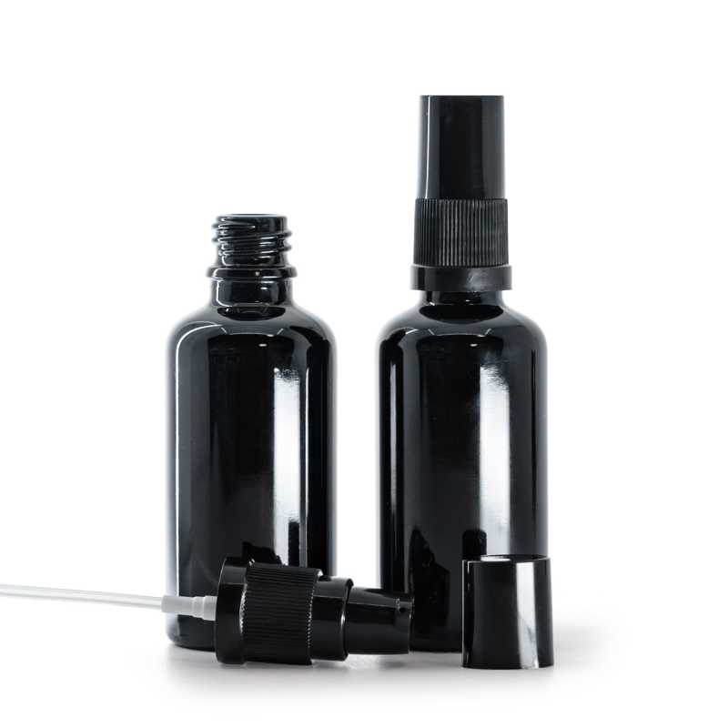 Flacon en verre noir brillant, pompe à lotion avec bouchon noir, 50 ml