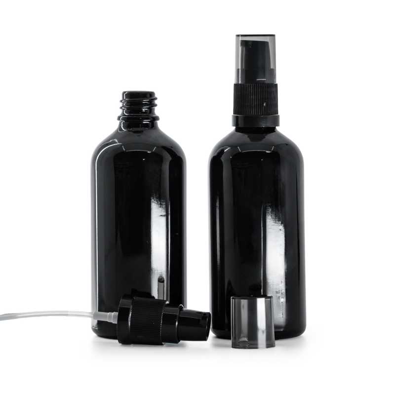 Flacon en verre noir brillant, pompe crème avec surcapuchon fumé, 100 ml