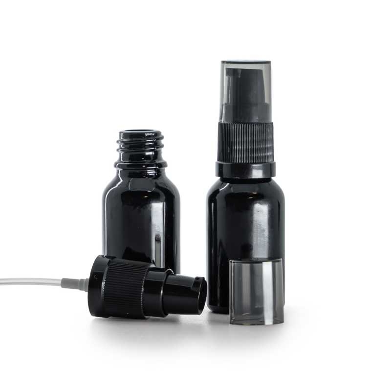 Flacon en verre noir brillant, pompe à lotion avec bouchon fumé, 15 ml