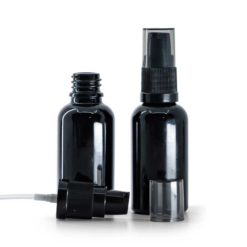 Flacon en verre noir brillant, pompe à lotion avec bouchon fumé, 30 ml