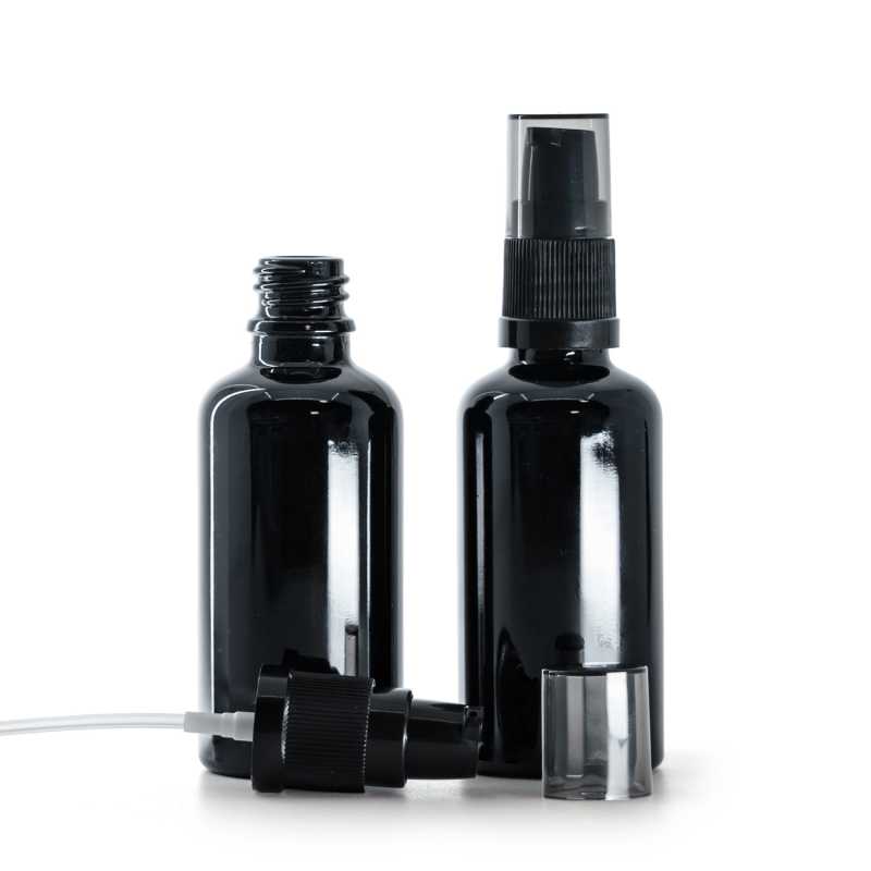 Flacon en verre noir brillant, pompe à lotion avec bouchon fumé, 50 ml