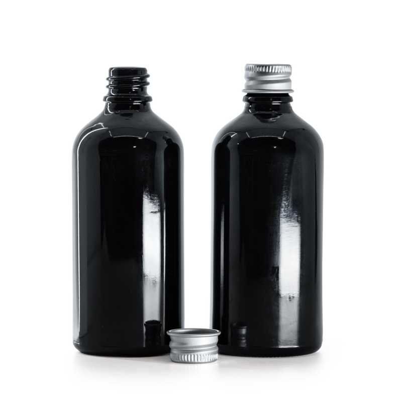 Bouteille en verre noir brillant, bouchon en aluminium argenté, 100 ml