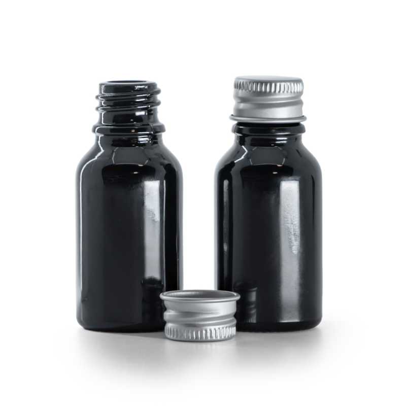 Flacon en verre noir brillant, bouchon en aluminium argenté, 15 ml