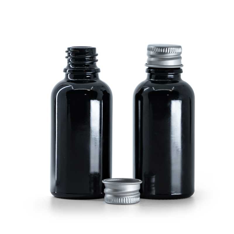 Bouteille en verre noir brillant, bouchon en aluminium argenté, 30 ml
