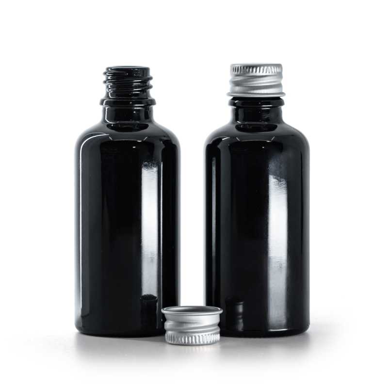 Bouteille en verre noir brillant, bouchon en aluminium argenté, 50 ml