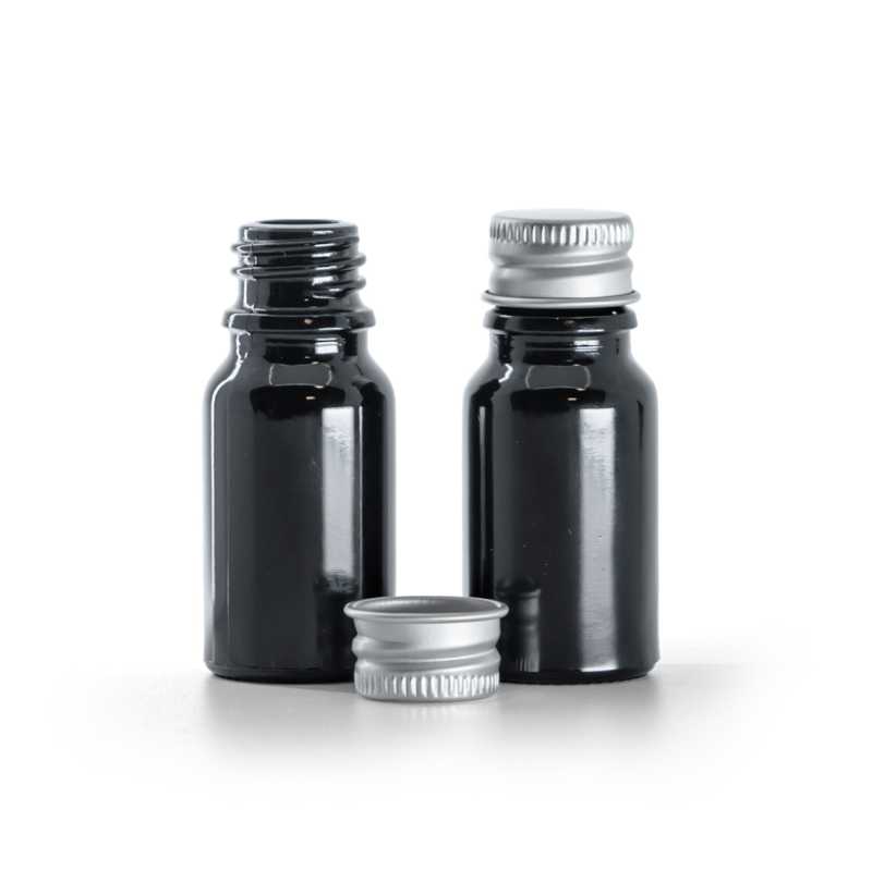 Flacon, verre, noir brillant, 10 ml, bouchon en aluminium, argenté