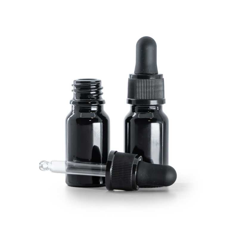 Flacon en verre noir brillant, compte-gouttes noir mat, 10 ml