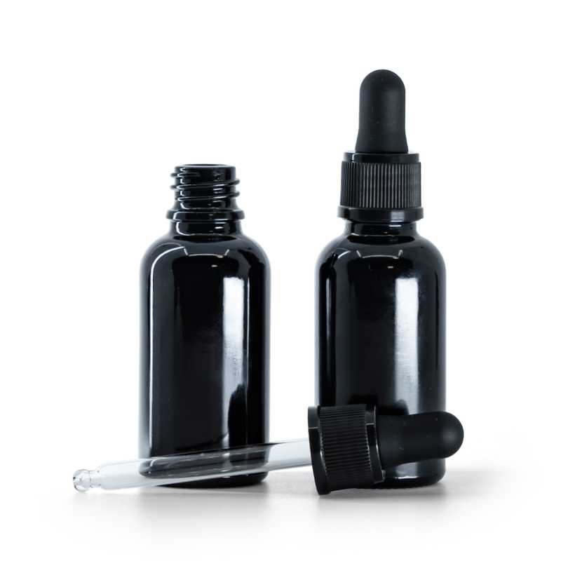 Flacon en verre noir brillant, compte-gouttes noir mat, 30 ml