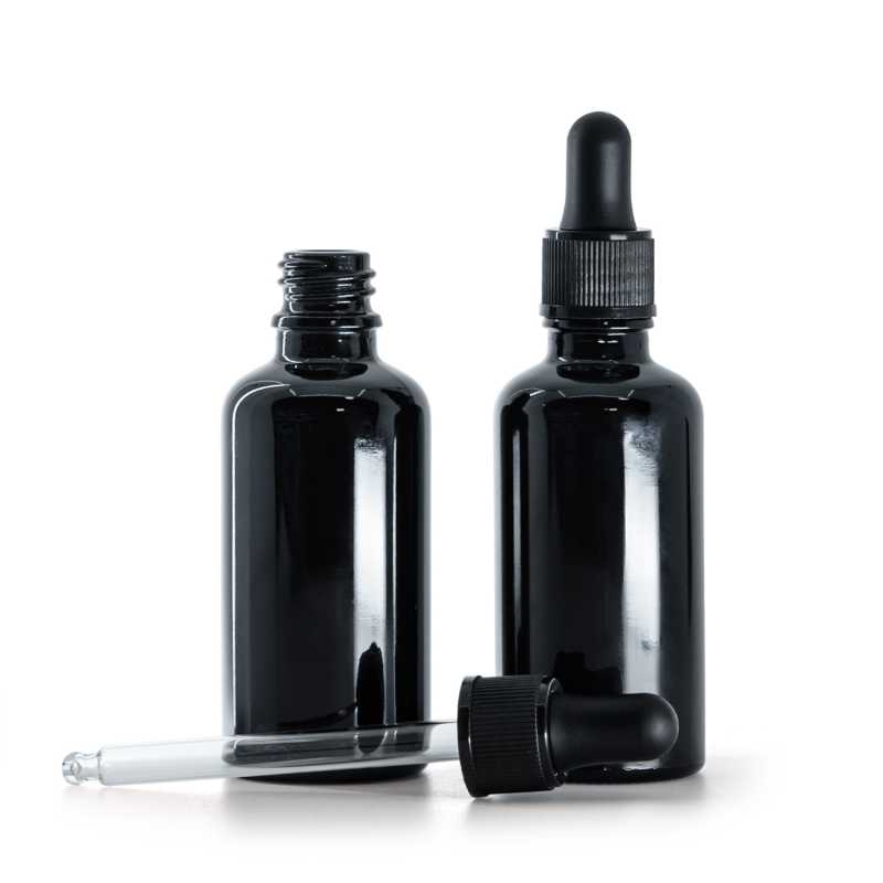 Flacon en verre noir brillant, compte-gouttes noir mat, 50 ml