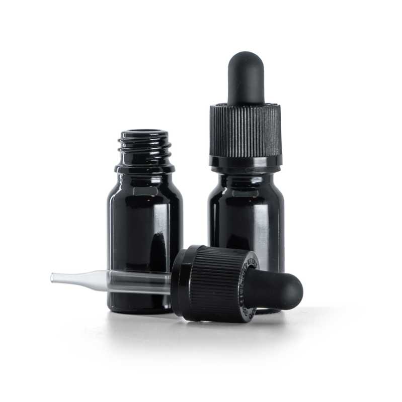 Flacon en verre noir brillant, compte-gouttes de sécurité noir, 10 ml