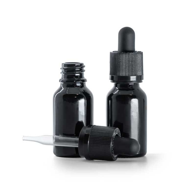 Flacon en verre noir brillant, compte-gouttes de sécurité noir, 15 ml