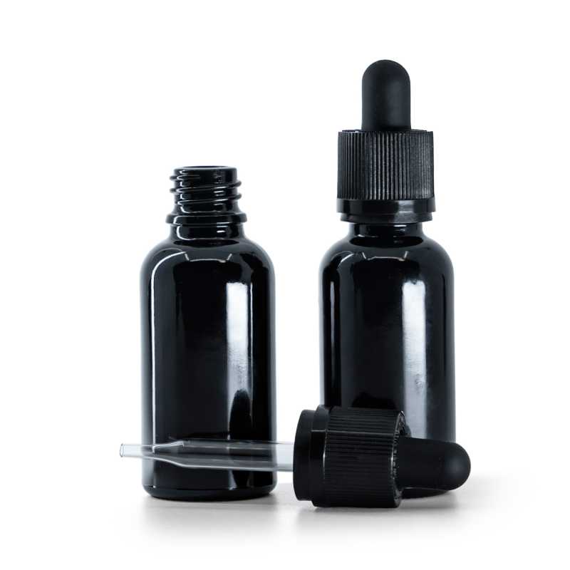 Flacon en verre noir brillant, compte-gouttes de sécurité noir, 30 ml