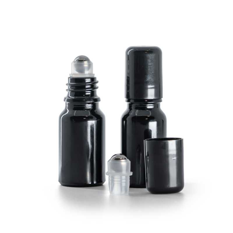 Flacon en verre noir brillant avec Roll-On, 10 ml