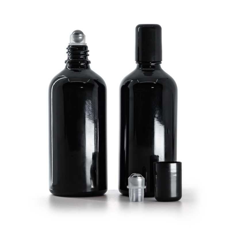 Flacon en verre noir brillant avec Roll-On, 100 ml