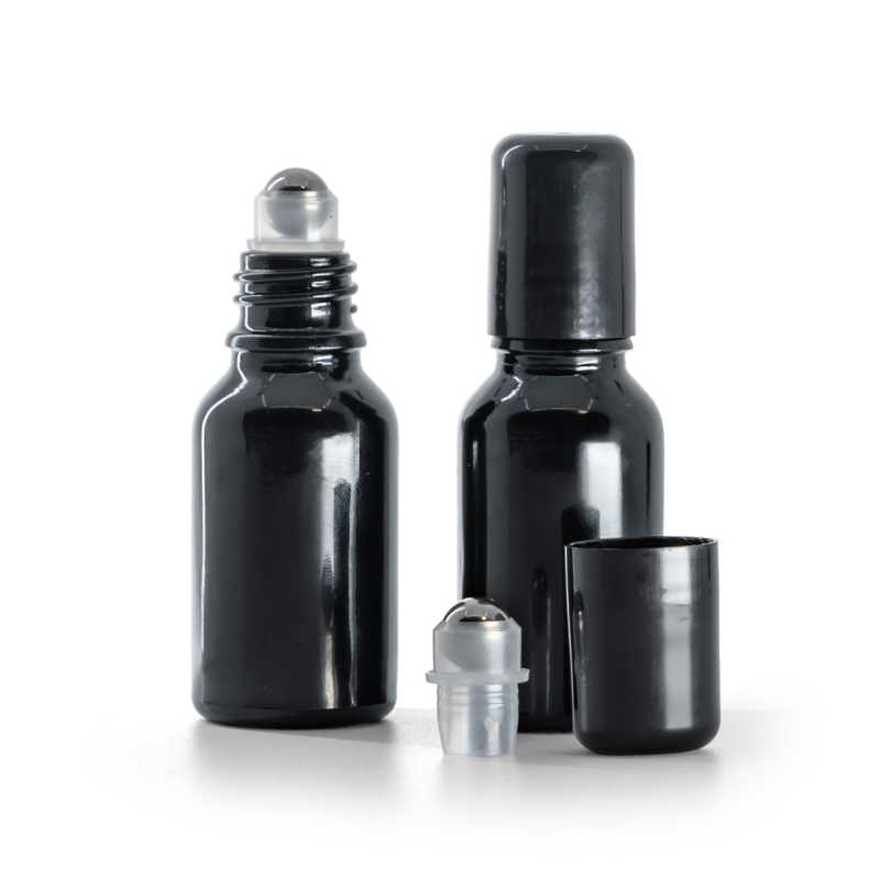 Flacon en verre noir brillant avec Roll-On, 15 ml