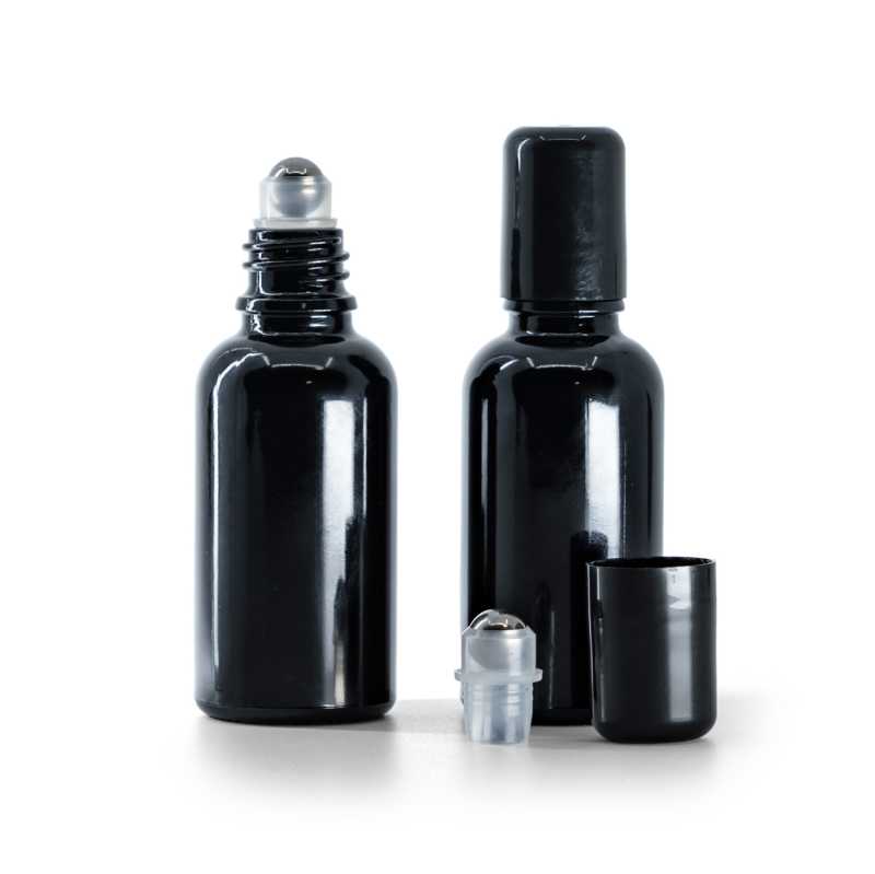 Flacon en verre noir brillant avec Roll-On, 30 ml