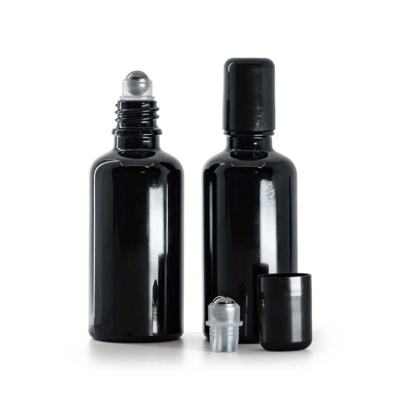 Flacon en verre noir brillant avec roll-on, 50 ml