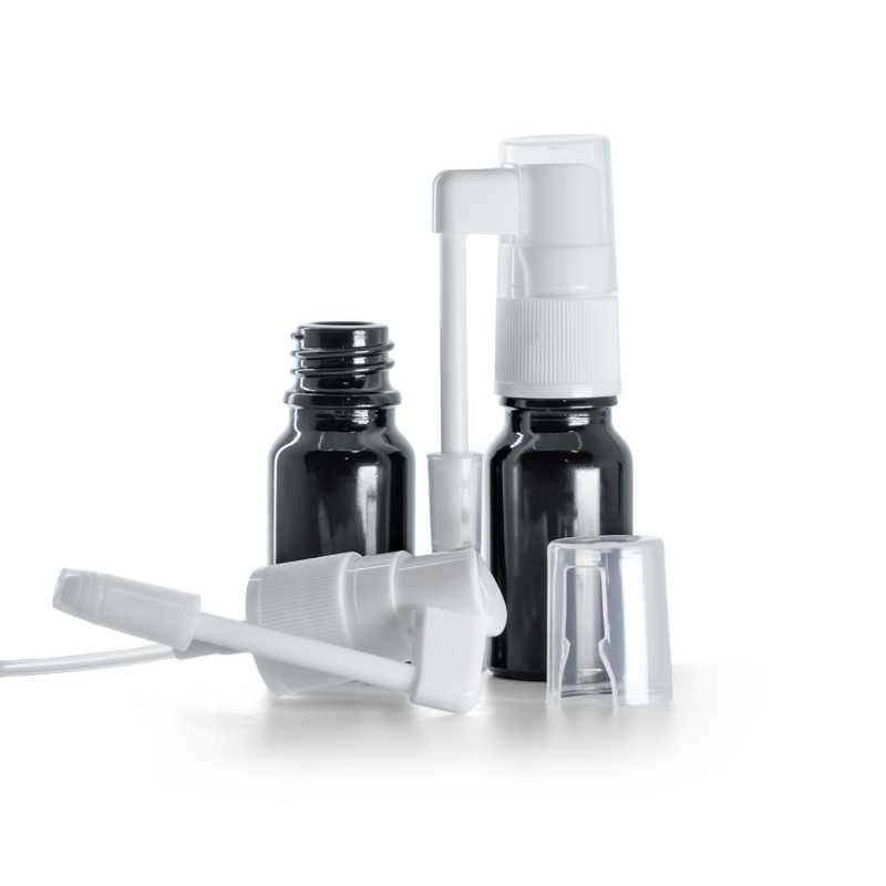 Flacon en verre noir brillant, spray oral blanc, 10 ml