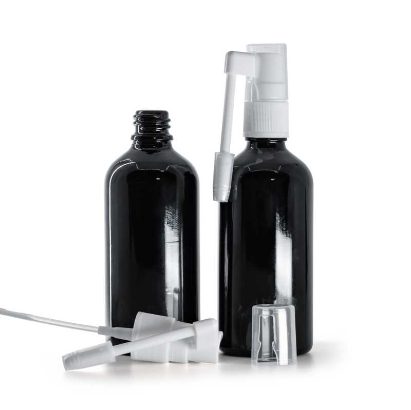 Flacon en verre noir brillant, spray oral blanc, 100 ml