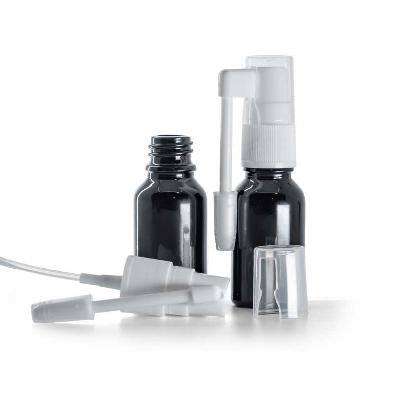 Flacon en verre noir brillant, spray oral blanc, 15 ml