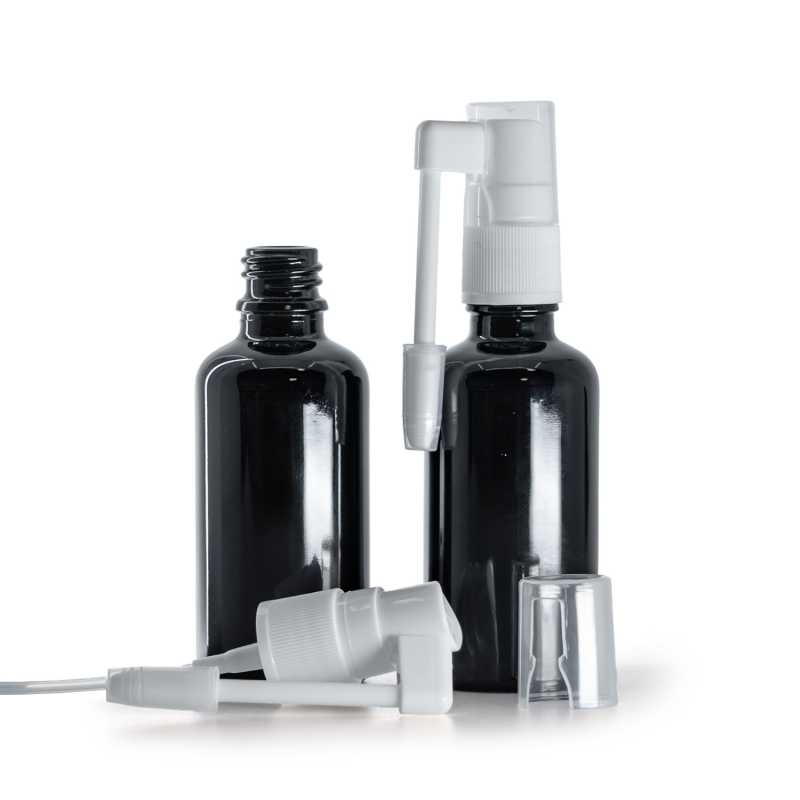 Flacon en verre noir brillant, spray oral blanc, 50 ml
