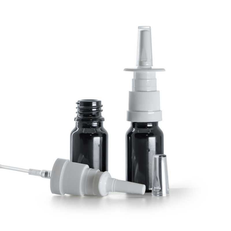 Flacon en verre noir brillant, spray nasal blanc, 10 ml