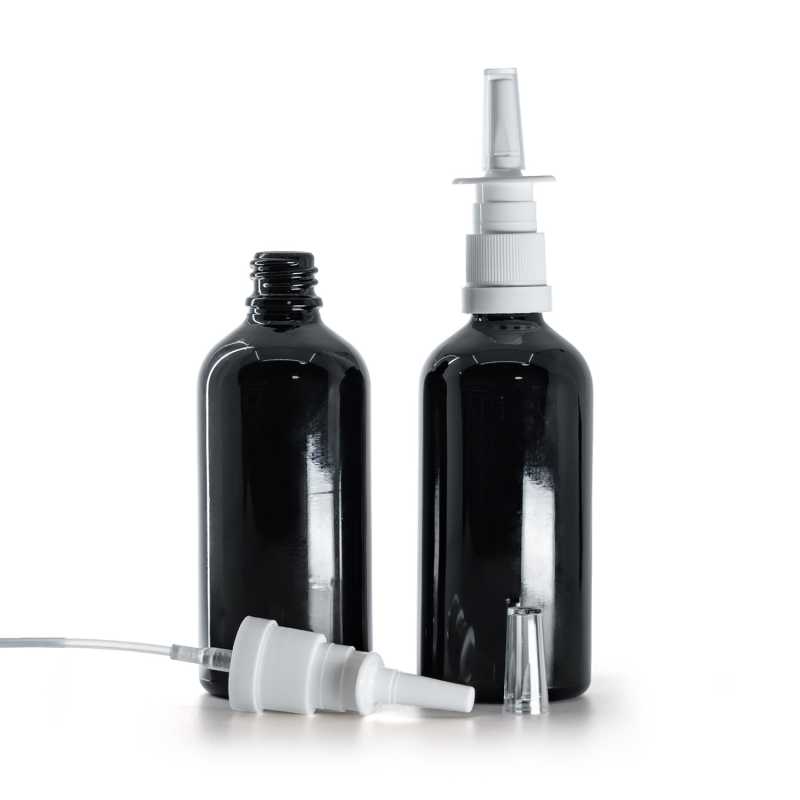 Flacon en verre noir brillant, spray nasal blanc, 100 ml 