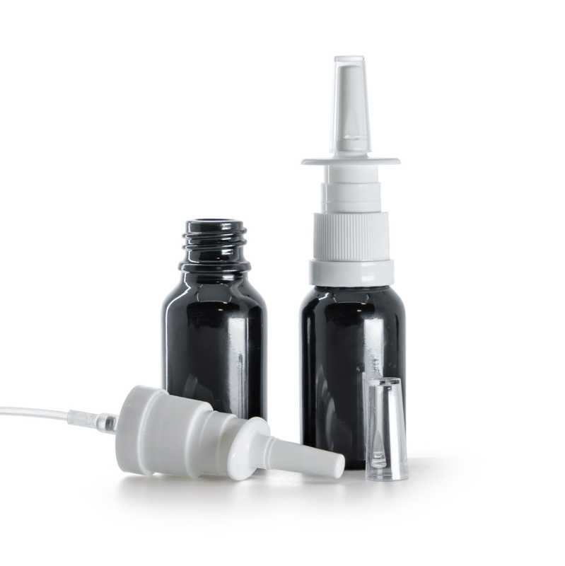 Flacon en verre noir brillant, spray nasal blanc, 15 ml