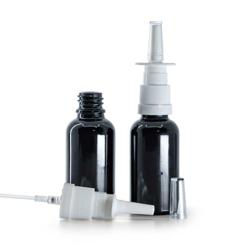 Flacon en verre noir brillant, spray nasal blanc, 30 ml
