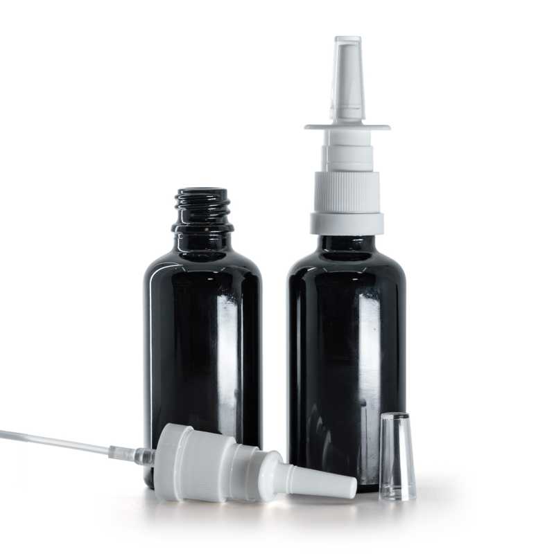 Flacon en verre noir brillant, spray nasal blanc, 50 ml
