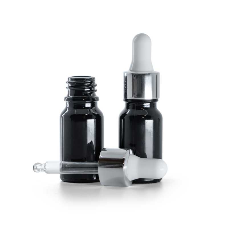 Flacon en verre noir brillant, compte-gouttes blanc argenté brillant, 10 ml