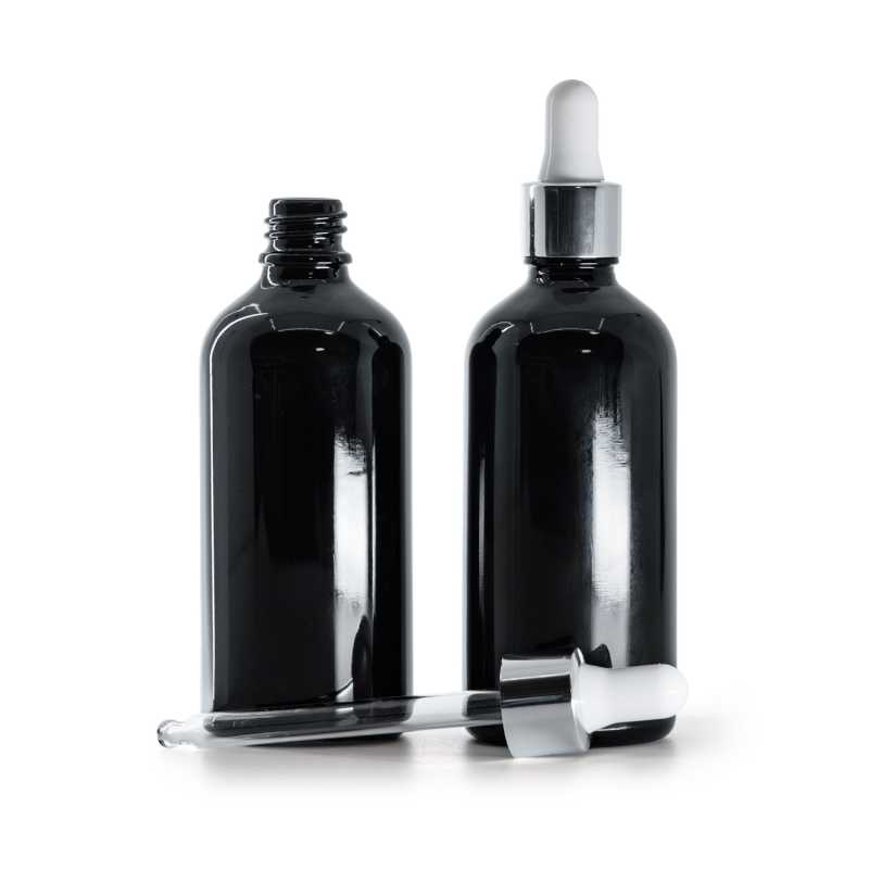 Flacon en verre noir brillant, compte-gouttes blanc argenté brillant, 100 ml