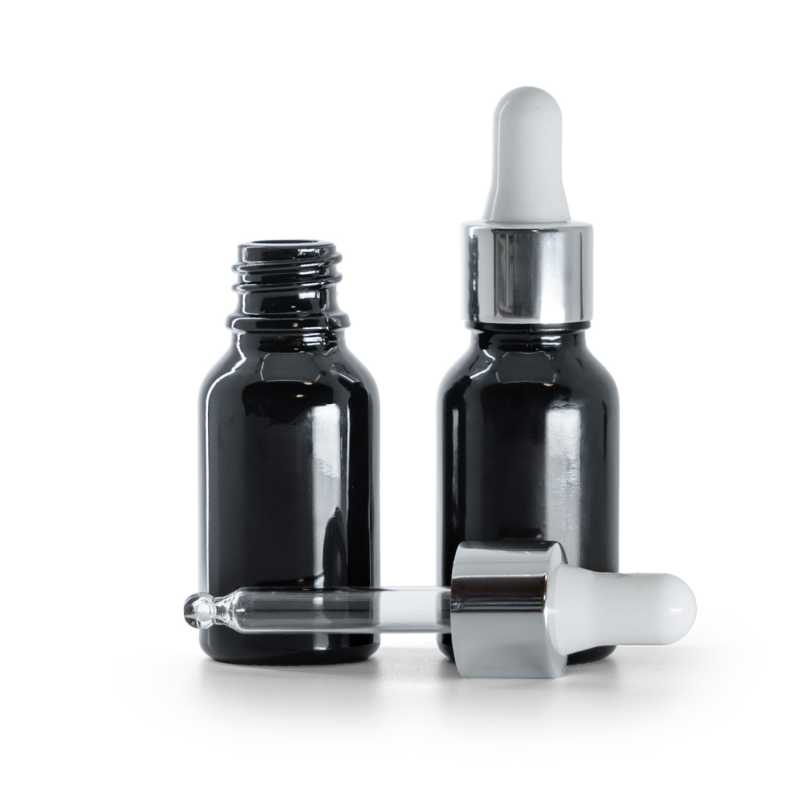 Flacon en verre noir brillant, compte-gouttes blanc argenté brillant, 15 ml