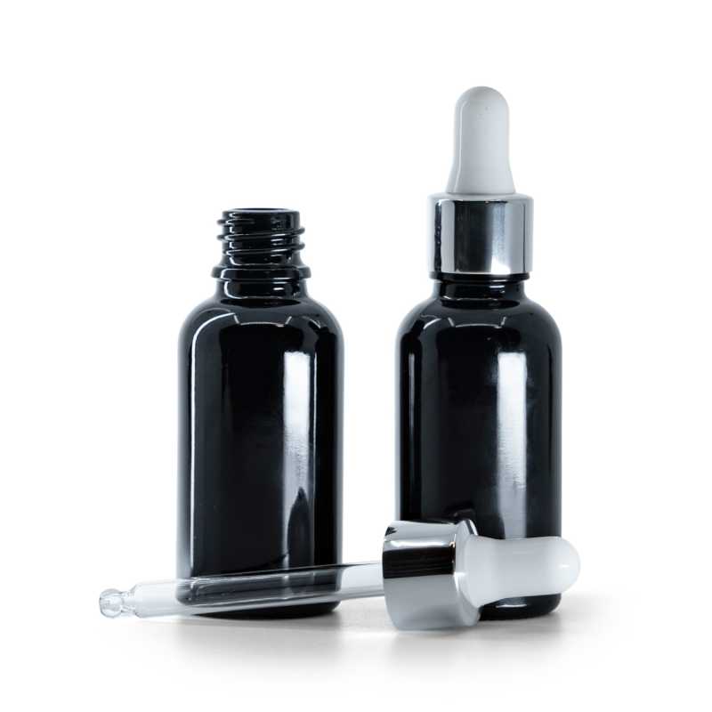 Flacon en verre noir brillant, compte-gouttes blanc argenté brillant, 30 ml