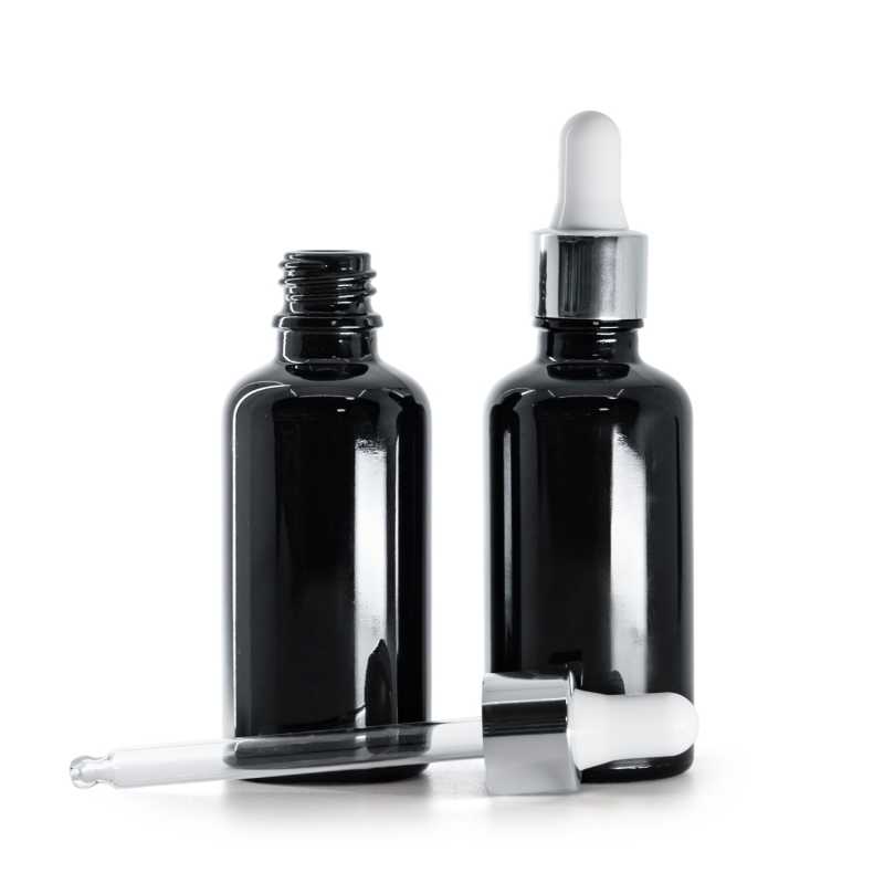 Flacon en verre noir brillant, compte-gouttes blanc argenté brillant, 50 ml
