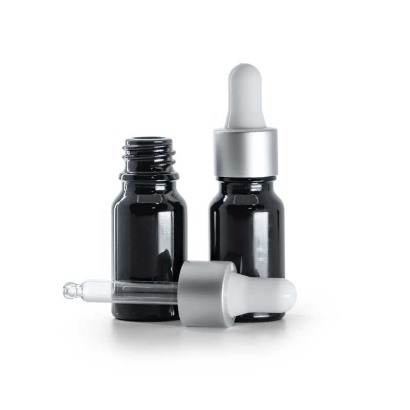 Flacon en verre noir brillant, compte-gouttes blanc argenté mat, 10 ml