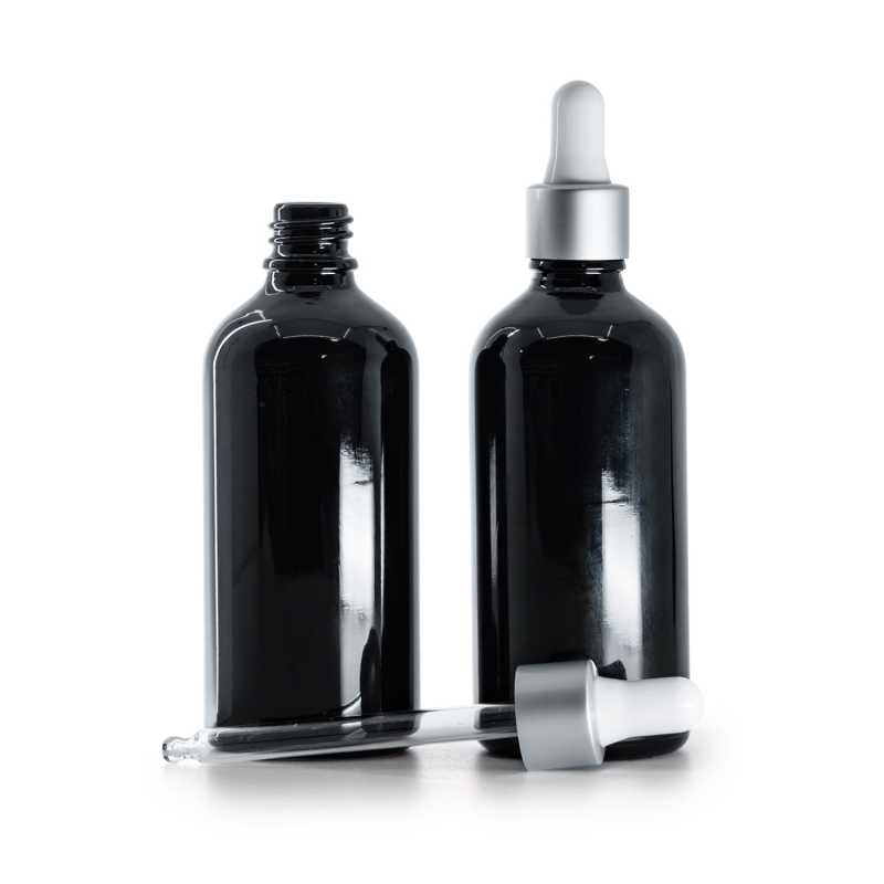 Flacon en verre noir brillant, compte-gouttes argent mat, 100 ml