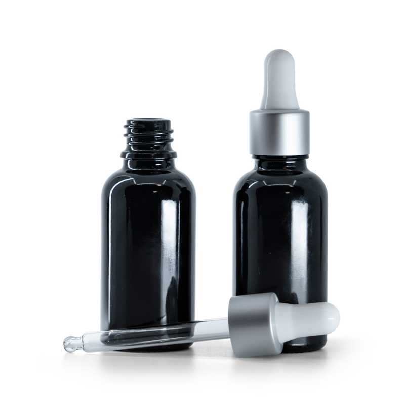 Flacon en verre noir brillant, compte-gouttes argent mat, 30 ml