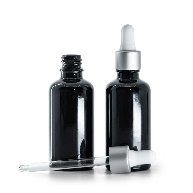 Flacon en verre noir brillant, compte-gouttes blanc argenté mat, 50 ml