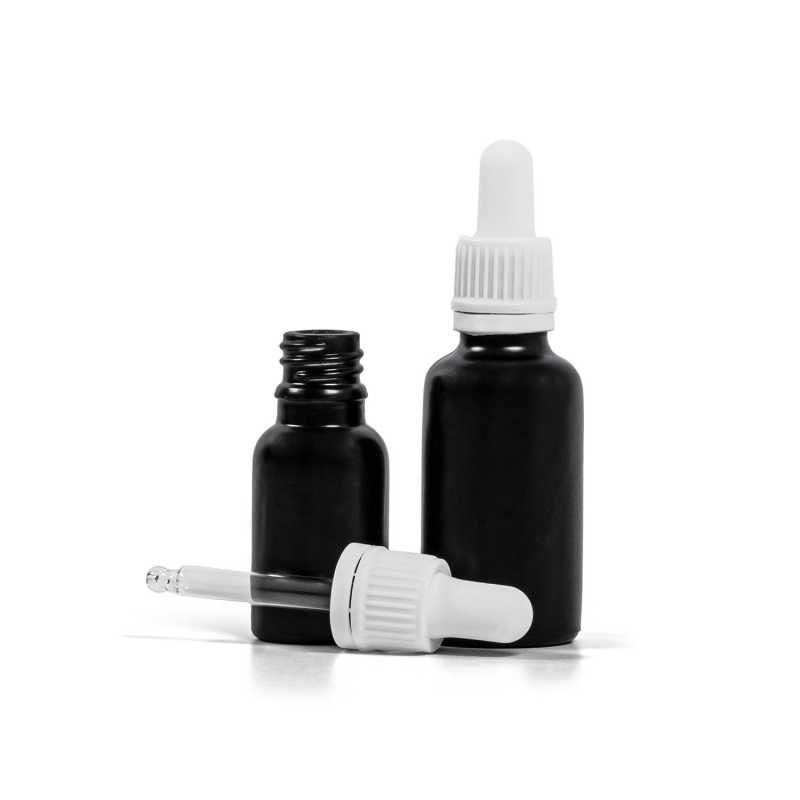 Flacon en verre noir mat, compte-gouttes blanc, 30 ml