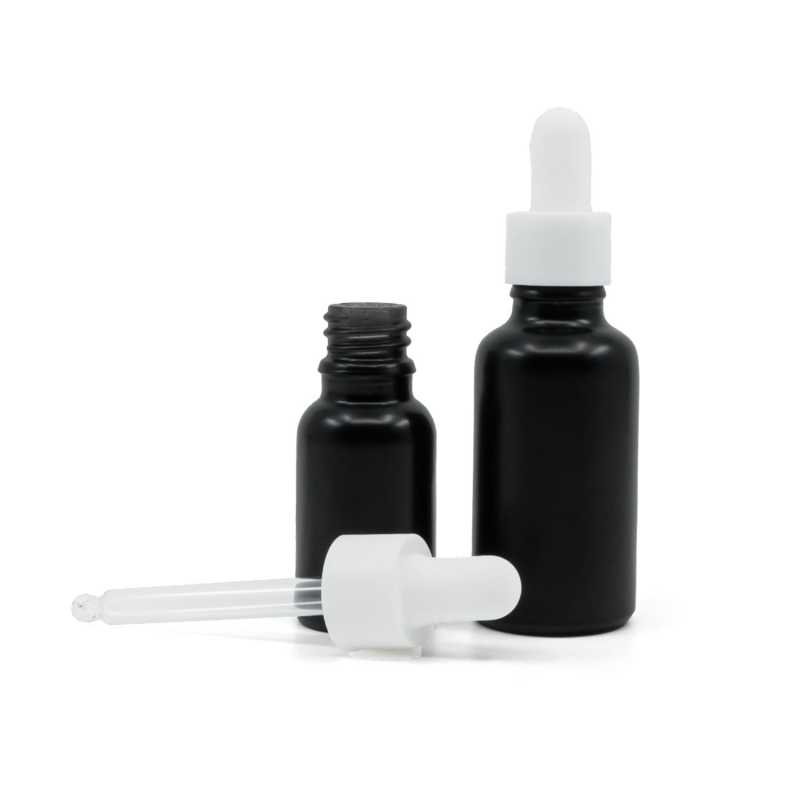 Flacon en verre noir mat, compte-gouttes blanc lisse mat, 30 ml