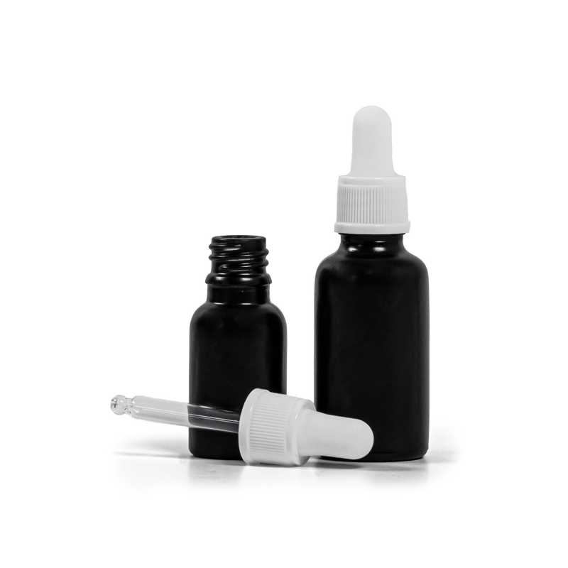 Flacon en verre noir mat, compte-gouttes blanc mat, 30 ml