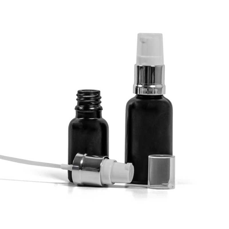 Flacon en verre noir mat, pompe blanche argentée brillante, 15 ml